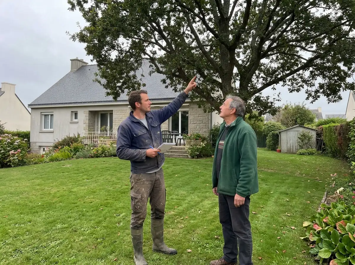 L'artisan montre l'arbre au propriétaire et prend des notes