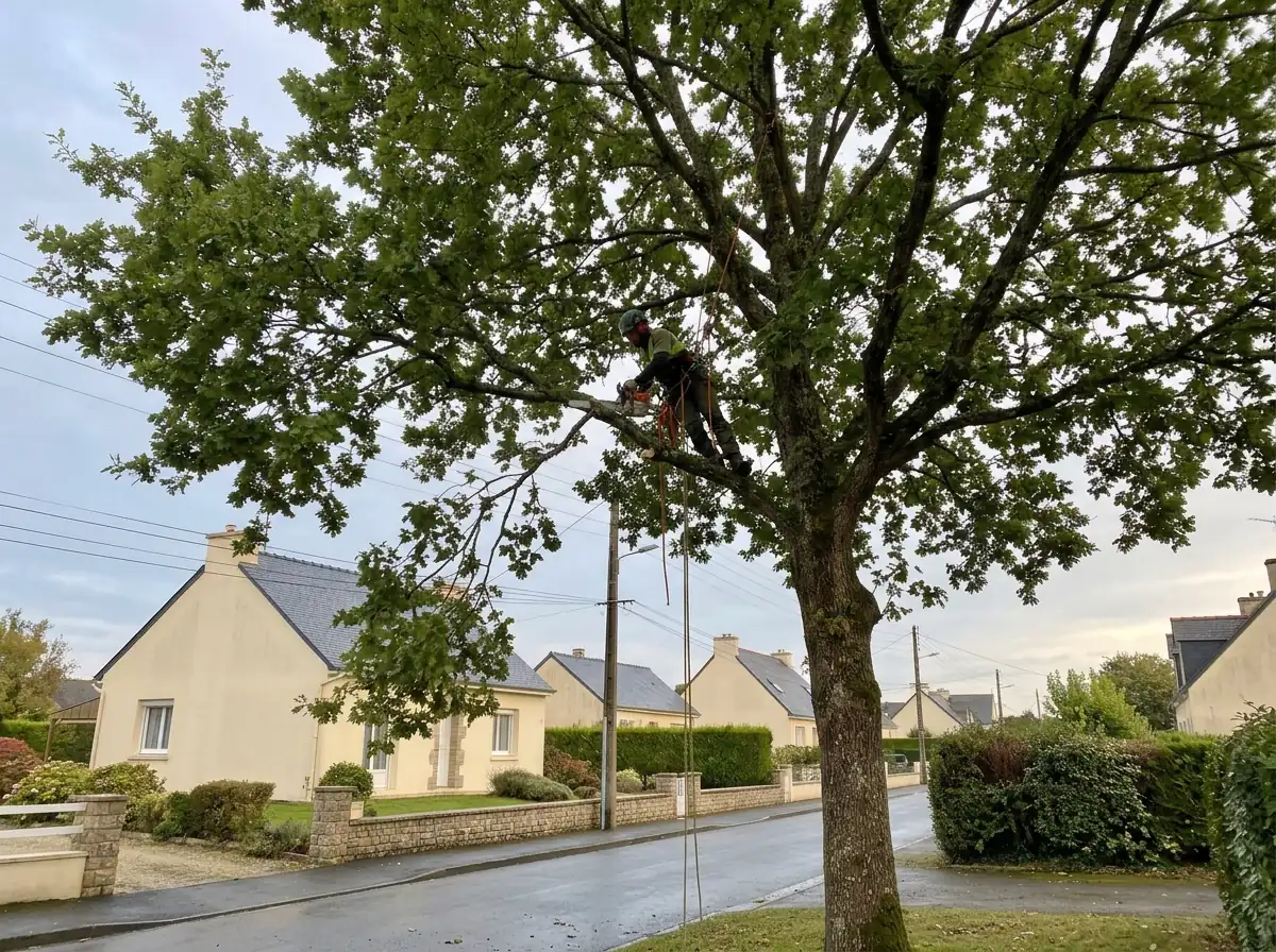 Élagueur-grimpeur encordé dans un chêne, en bord de rue