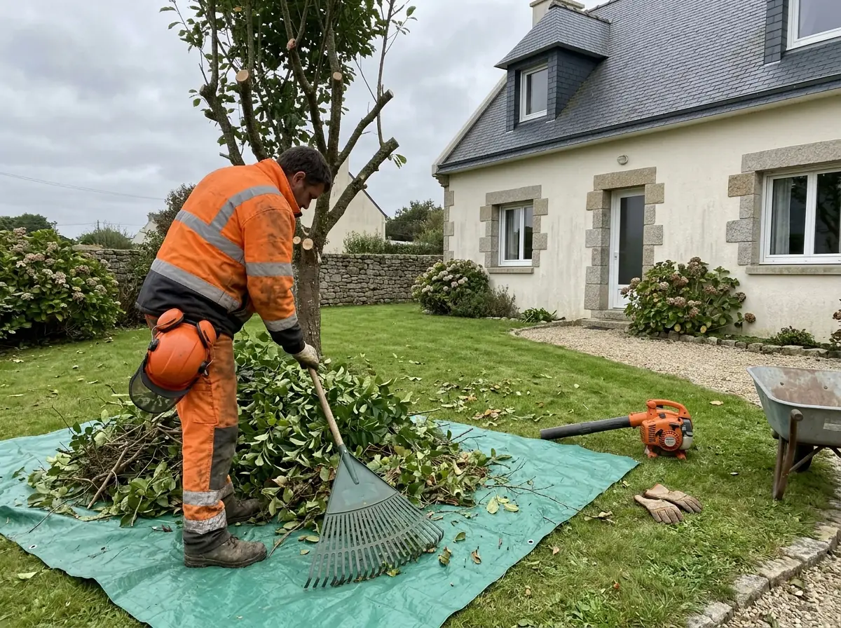 Ramassage des branches sur une bâche en fin de chantier